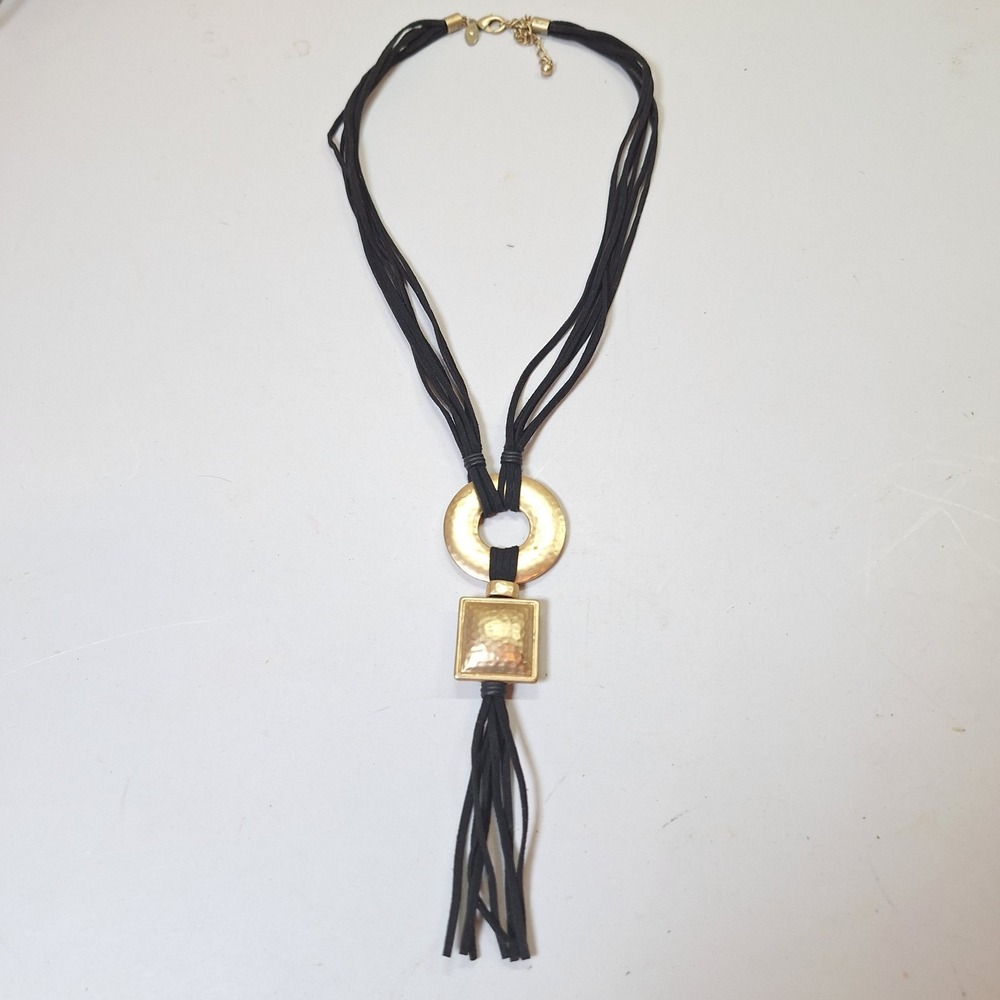 Chico's Black Suede Cord Hammered Gold Tone Boho Western Statement Neckla